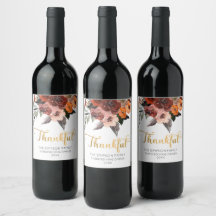 Thankful Floral watercolor Wine Label 