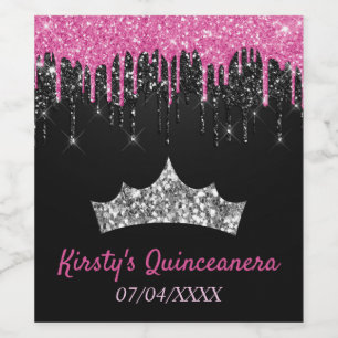 Etiqueta Para Botella De Vino Tiara Quinceañera Glitter Goteante Rosa Negro