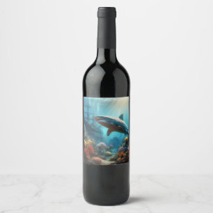 Etiqueta Para Botella De Vino Tiburón tigre costero/naútico y arrecife de coral