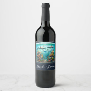 Etiqueta Para Botella De Vino Tiburones y peces Acuarela acuática Boda de acuari