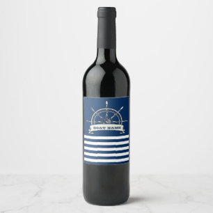 Etiqueta Para Botella De Vino Timón de barco náutico, rayas azul marino