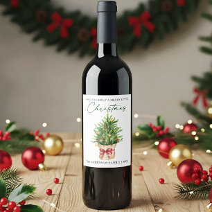 Etiqueta Para Botella De Vino Tinta de Caligrafía de Navidad Acuarela Pino Lazo 