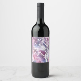 Etiqueta Para Botella De Vino Tinta rosa y púrpura y silueta de árbol blanca