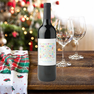 Etiqueta Para Botella De Vino Tipografía brillante y colorida de Feliz Navidad