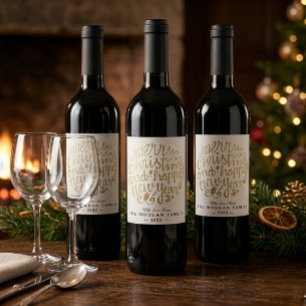 Etiqueta Para Botella De Vino Tipografía de Navidad y Feliz Año Nuevo en Blanco 