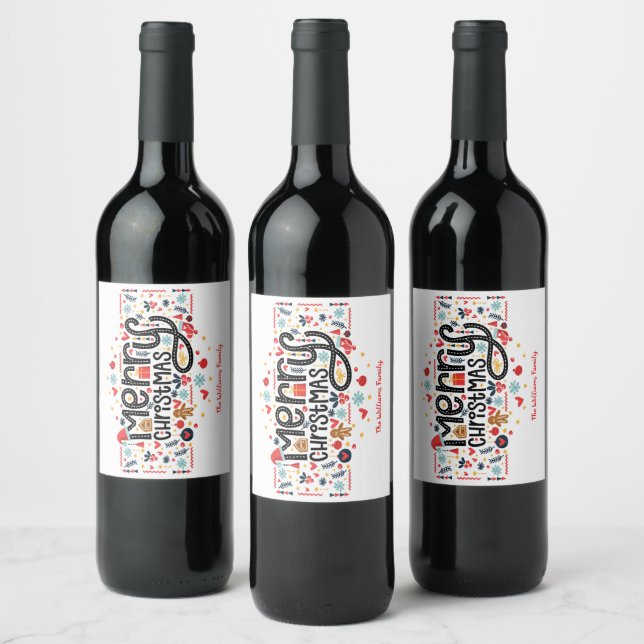 Etiqueta Para Botella De Vino Tipografía navideña de Feliz (Botellas)