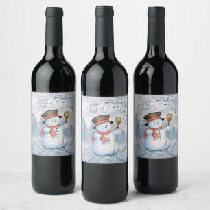 Etiqueta Para Botella De Vino Tipografía Navideña Invernal Muñeco de Nieve