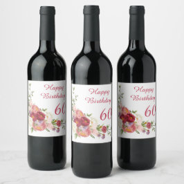 Etiqueta Para Botella De Vino Tonos de rosa Flor de peonía blanca Feliz Cumpleañ