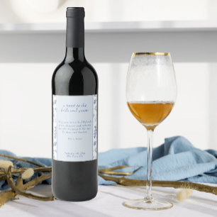 Etiqueta Para Botella De Vino Toque de boda floral elegante azul Chinoiserie