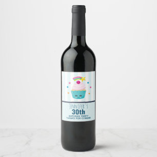 Etiqueta Para Botella De Vino Torta azul dulce con cara de Kawaii gracias por su
