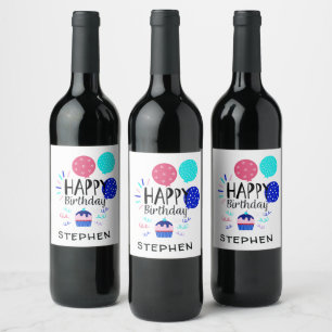 Etiqueta Para Botella De Vino Torta y globos Feliz Cumpleaños Textos -