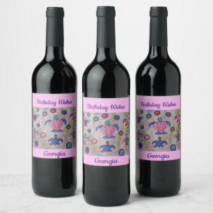 Etiqueta Para Botella De Vino Tortugas y círculos Cumpleaños
