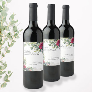 Etiqueta Para Botella De Vino Tostada de boda con Rosa Roja y Eucalipto