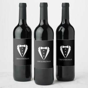 Etiqueta Para Botella De Vino Traje de esmoquin negro y corbata de lazo padrino 