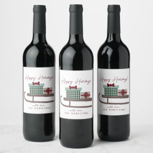 Etiqueta Para Botella De Vino Trineo Mínimo Lindo Felices Fiestas