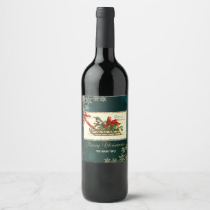 Etiqueta Para Botella De Vino Trineo Navideño Antiguo, Muérdago Copos de Nieve