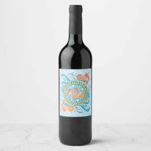 Etiqueta Para Botella De Vino Tropical Koi Mandala Vibrante Ocean Zen Art