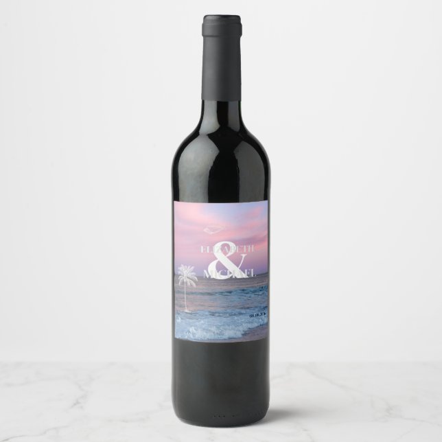 Etiqueta Para Botella De Vino Tropical Wedding Sunrise Ocean Beach (Anverso)