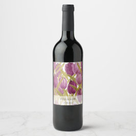 Etiqueta Para Botella De Vino Tulipanes morados Elegante acuarela
