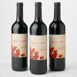 Etiqueta Para Botella De Vino Tulipanes rojos personalizados sobre fondo de enca