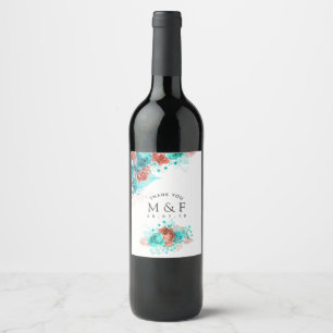 Etiqueta Para Botella De Vino Turquesa y Coral Agradecimientos para Invitados de