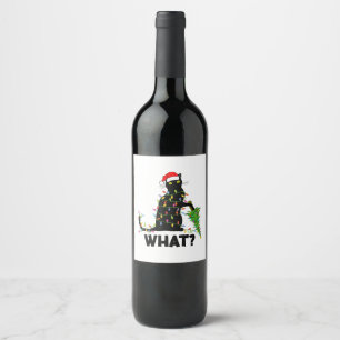 Etiqueta Para Botella De Vino Un gato negro gracioso que presiona el árbol de Na