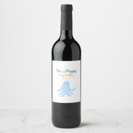Etiqueta Para Botella De Vino Un pulpo azul feliz bajo el cumpleaños del mar