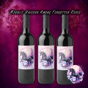 Etiqueta Para Botella De Vino Unicornio a la luz de la luna entre rosas olvidada