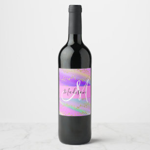 Etiqueta Para Botella De Vino Unicornio Colorido Arcoíris Dorado Glitter Monogra