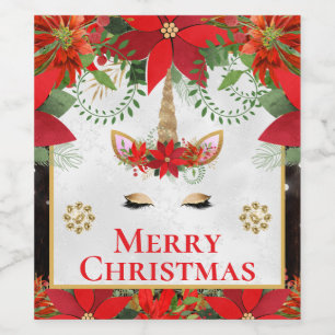 Etiqueta Para Botella De Vino Unicornio de Navidad Elegante Poinsettia
