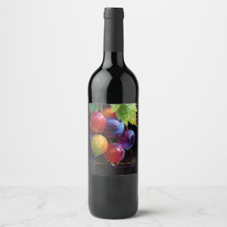 Etiqueta Para Botella De Vino Uvas y gotas de rocío en acuarela vibrante