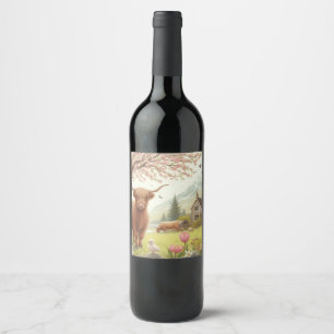 Etiqueta Para Botella De Vino Vaca de tierras altas, con flores y primavera