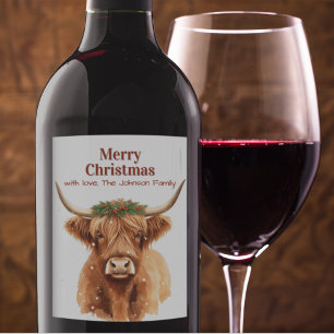 Etiqueta Para Botella De Vino Vaca enana de Navidad de follaje de Highland