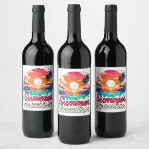 Etiqueta Para Botella De Vino Vacaciones de Verano Atardecer Tropical en la Play