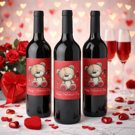 Etiqueta Para Botella De Vino Valentine Teddy Bear with Rose and Hearts