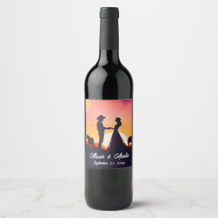 Etiqueta Para Botella De Vino Vaquero y Boda Vaquera en Silhouette
