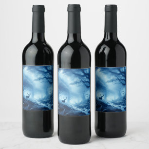 Etiqueta Para Botella De Vino Venado en un bosque oscuro de niebla azul