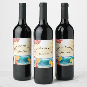 Etiqueta Para Botella De Vino Verano Tropical Fiesta de Playa Luau 21 cumpleaños