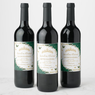 Etiqueta Para Botella De Vino Verde Esmeralda Floral Vintage Oro Quinceañera