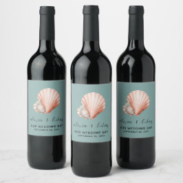 Etiqueta Para Botella De Vino Verde Mar con Concha "Nuestro Día de Boda" 