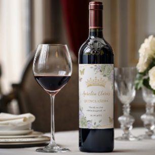 Etiqueta Para Botella De Vino Verde Salvia Floral Púrpura Quinceañera Cumpleaños