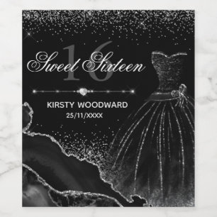 Etiqueta Para Botella De Vino Vestido color de agua negro y Purpurina plateado d