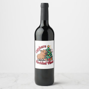Etiqueta Para Botella De Vino Vibraciones de Navidad del Carpincho Humor Navideñ
