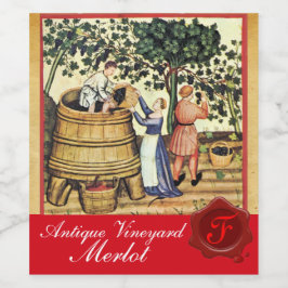 ETIQUETA PARA BOTELLA DE VINO VIÑA DE UVA ANTIGUA COSECHA SELLADA CON MONOGRAMA