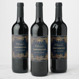 Etiqueta Para Botella De Vino Viñetas de oro azul de la marina de confirmación d