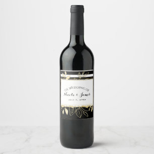 Etiqueta Para Botella De Vino Vino Chic Glamour Botánico de Oro Negro Moderno