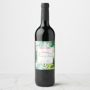 Etiqueta Para Botella De Vino Vino de Boda de Verano Hojas Tropicales y Flamenco
