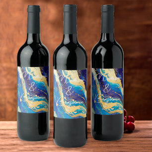 Etiqueta Para Botella De Vino Vino de Boda Personalizado Azul y Dorado Elegante