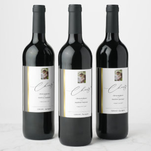 Etiqueta Para Botella De Vino Vino de Foto de Boda de Raya Dorada Gris Negro Ele