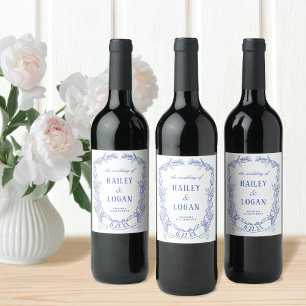 Etiqueta Para Botella De Vino Vintage Blue Floral Frame Elegant Wedding